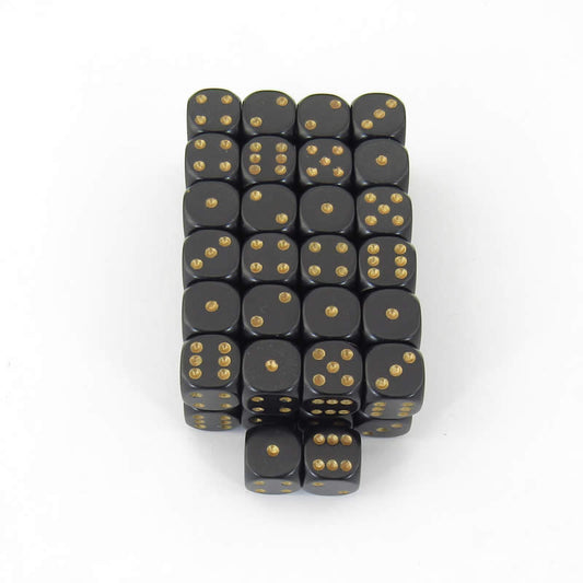 WCXDQ1228E50 Black Opaque Dice Gold Pips D6 12mm Bulk Pack of 50 Main Image