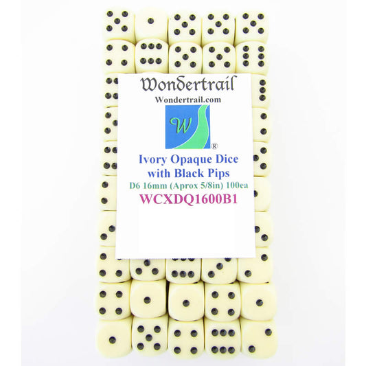 WCXDQ1600B1 Ivory Opaque Dice Black Pips D6 16mm (5/8in) Pack Of 100 Main Image