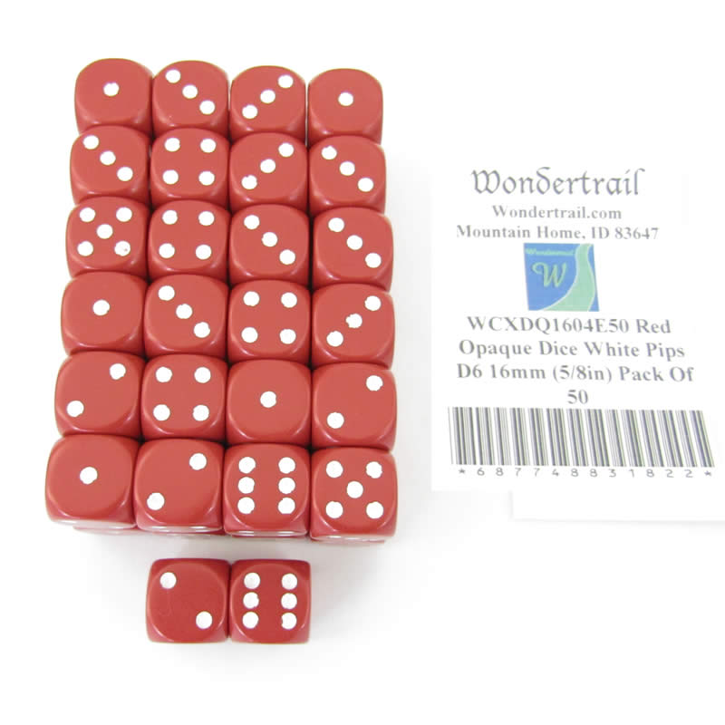 WCXDQ1604E50 Red Opaque Dice White Pips D6 16mm (5/8in) Pack Of 50 Main Image