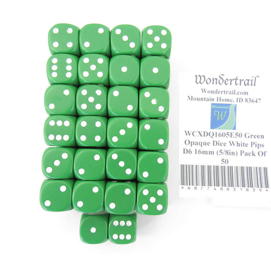 WCXDQ1605E50 Green Opaque Dice White Pips D6 16mm (5/8in) Pack Of 50 Main Image