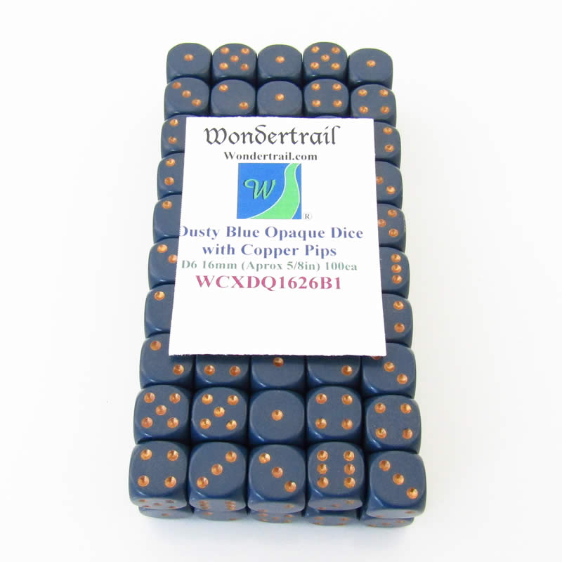 WCXDQ1626B1 Dusty Blue Opaque Dice Copper Pips D6 16mm Pack Of 100 Main Image