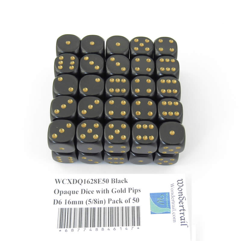 WCXDQ1628E50 Black Opaque Dice with Gold Pips D6 16mm (5/8in) Pack of 50 Main Image