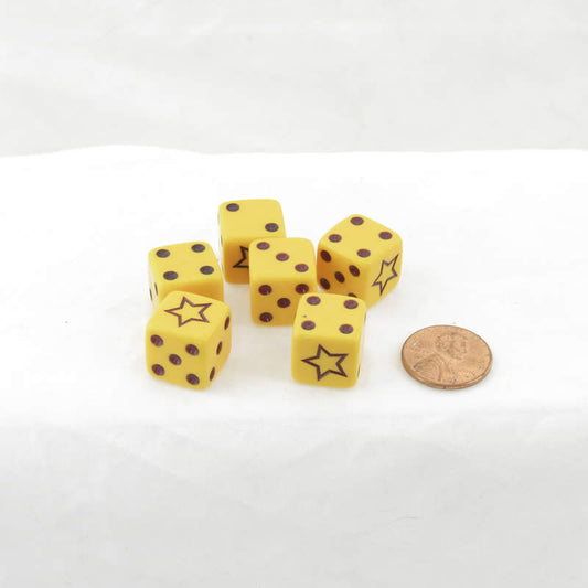WCXDQST02E6 Yellow Opaque Dice with Black Pips and Star D6 16mm (5/8in) Pack of 6 Main Image
