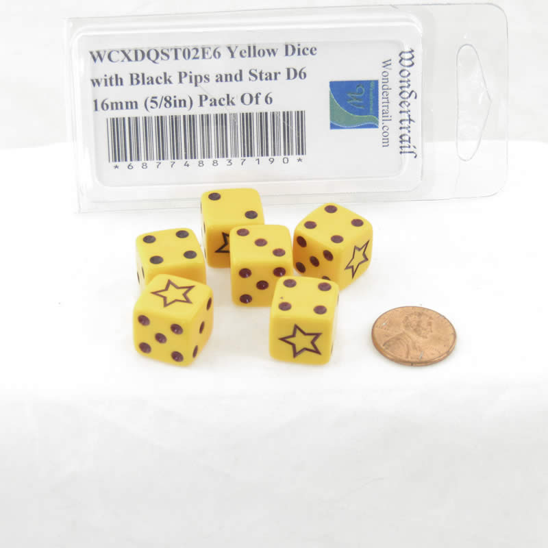WCXDQST02E6 Yellow Opaque Dice with Black Pips and Star D6 16mm (5/8in) Pack of 6 2nd Image
