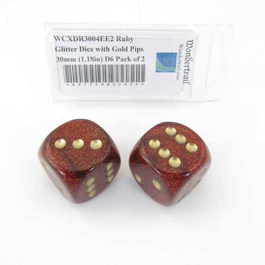 WCXDR3004EE2 Ruby Glitter Dice with Gold Pips 30mm (1.18in) D6 Pack of 2 Main Image