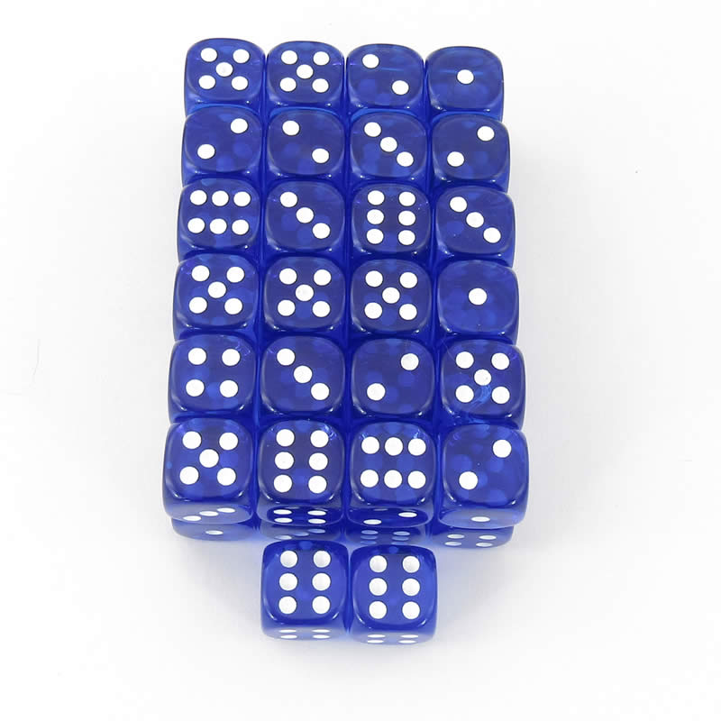 WCXDT1206E50 Blue Translucent Dice White Pips D6 12mm (1/2in) Pack of 50 Main Image