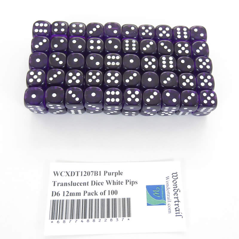 WCXDT1207B1 Purple Translucent Dice White Pips D6 12mm Pack of 100 Main Image