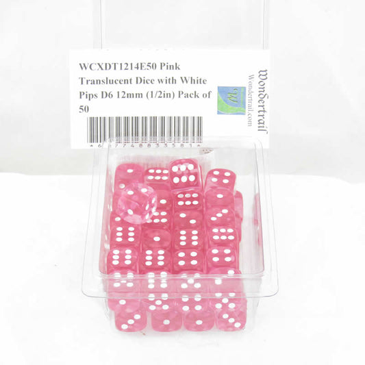 WCXDT1214E50 Pink Translucent Dice with White Pips D6 12mm (1/2in) Pack of 50 Main Image