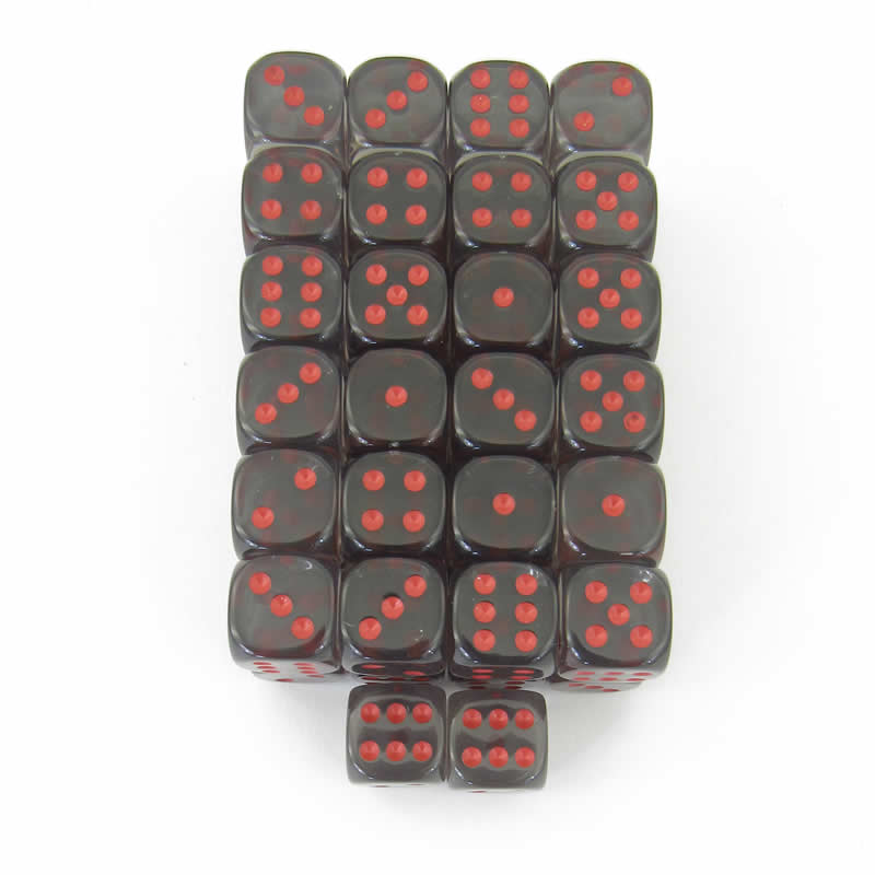 WCXDT1218E50 Smoke Translucent Dice Red Pips D6 12mm Pack of 50 Main Image