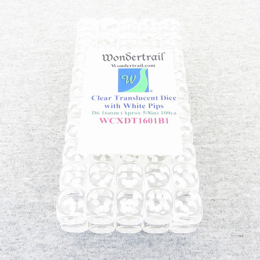 WCXDT1601B1 Clear Translucent Dice White Pips D6 16mm Pack Of 100 Main Image