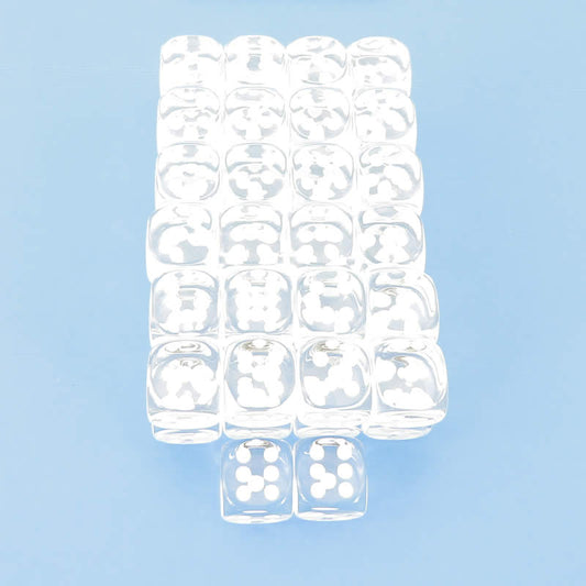 WCXDT1601E50 Clear Translucent Dice White Pips D6 16mm Pack Of 50 Main Image