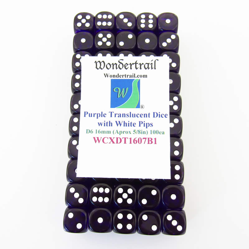 WCXDT1607B1 Purple Translucent Dice White Pips D6 16mm Pack of 100 Main Image