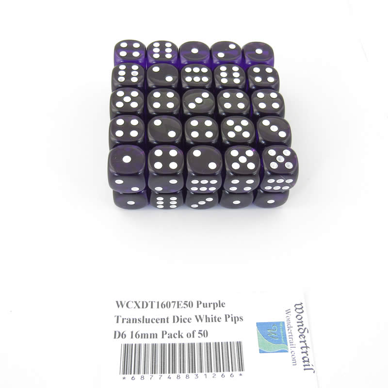 WCXDT1607E50 Purple Translucent Dice White Pips D6 16mm Pack of 50 Main Image