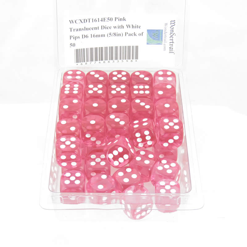 WCXDT1614E50 Pink Translucent Dice with White Pips D6 16mm (5/8in) Pack of 50 2nd Image