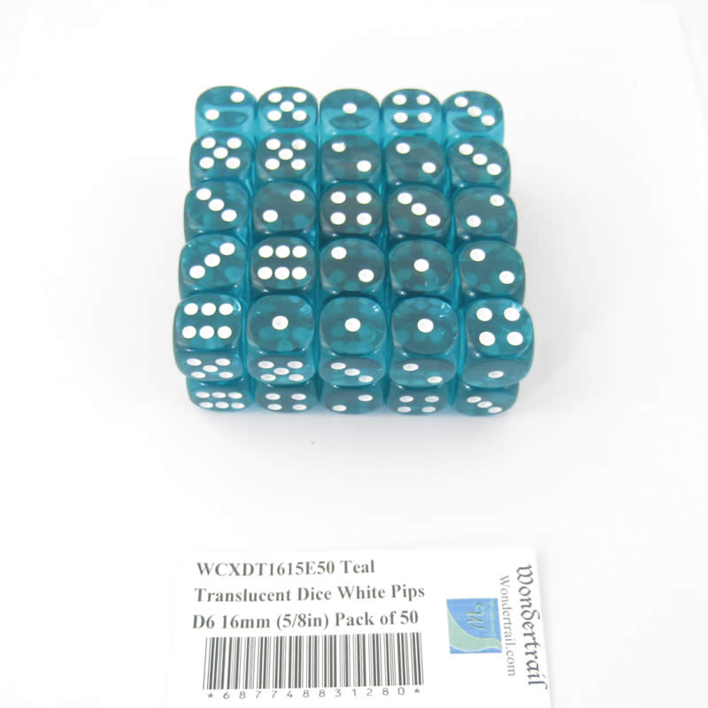 WCXDT1615E50 Teal Translucent Dice White Pips D6 16mm (5/8in) Pack of 50 Main Image