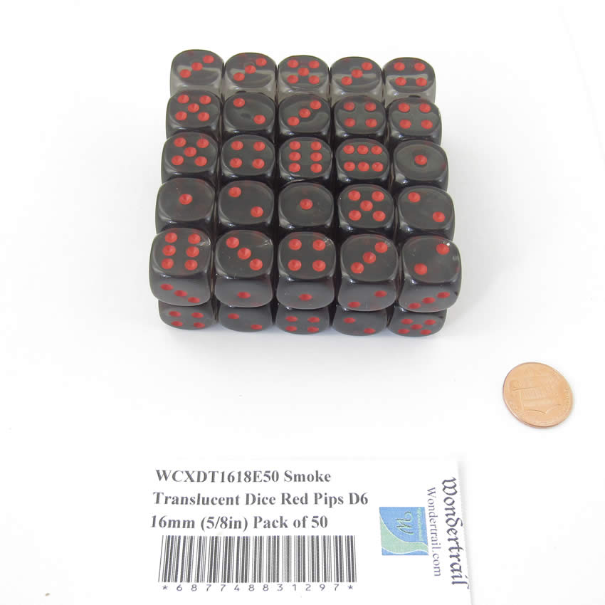 WCXDT1618E50 Smoke Translucent Dice Red Pips D6 16mm (5/8in) Pack of 50 Main Image