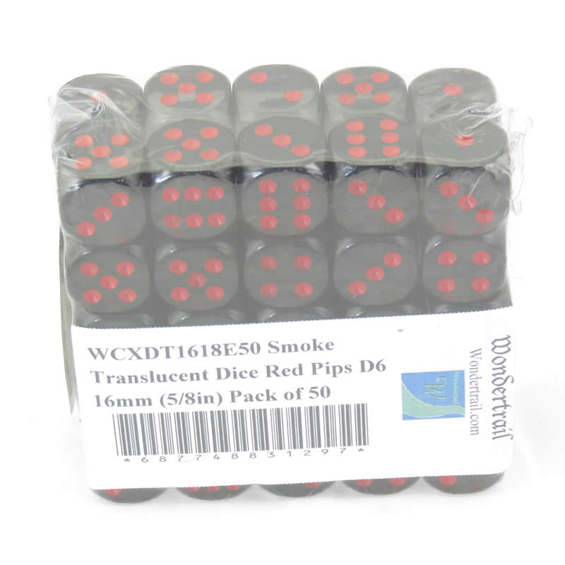 WCXDT1618E50 Smoke Translucent Dice Red Pips D6 16mm (5/8in) Pack of 50 2nd Image