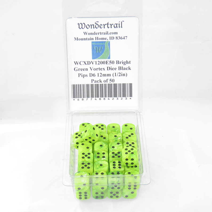 WCXDV1200E50 Bright Green Vortex Dice Black Pips D6 12mm (1/2in) Pack of 50 Main Image