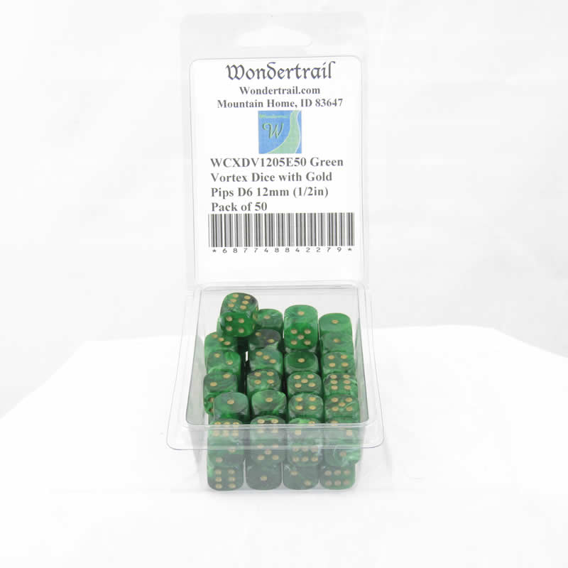 WCXDV1205E50 Green Vortex Dice with Gold Pips D6 12mm (1/2in) Pack of 50 Main Image