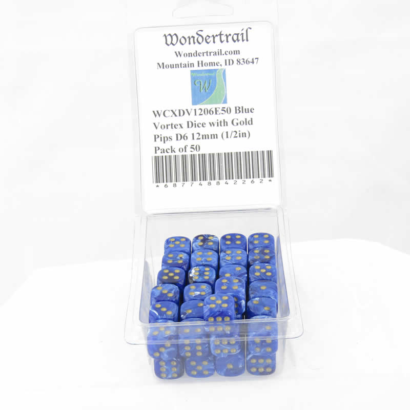 WCXDV1206E50 Blue Vortex Dice with Gold Pips D6 12mm (1/2in) Pack of 50 Main Image