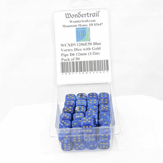 WCXDV1206E50 Blue Vortex Dice with Gold Pips D6 12mm (1/2in) Pack of 50 Main Image