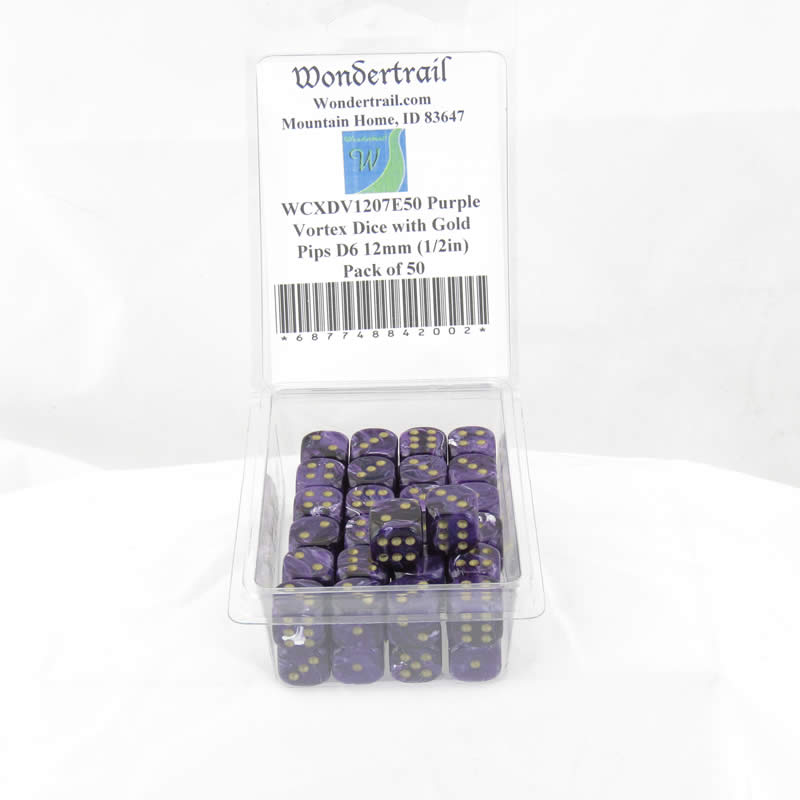 WCXDV1207E50 Purple Vortex Dice with Gold Pips D6 12mm (1/2in) Pack of 50 Main Image