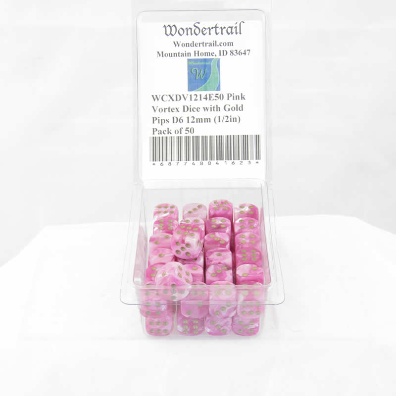 WCXDV1214E50 Pink Vortex Dice with Gold Pips D6 12mm (1/2in) Pack of 50 Main Image