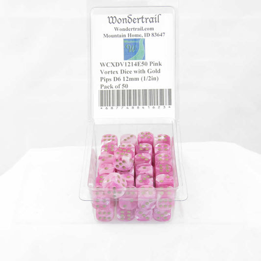 WCXDV1214E50 Pink Vortex Dice with Gold Pips D6 12mm (1/2in) Pack of 50 Main Image