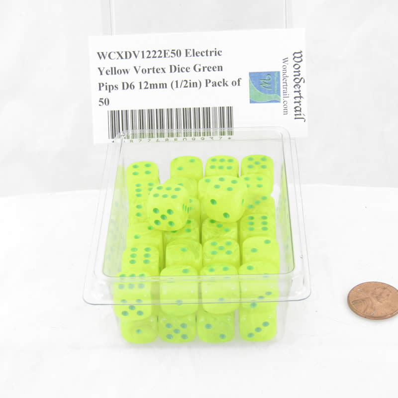 WCXDV1222E50 Electric Yellow Vortex Dice Green Pips D6 12mm (1/2in) Pack of 50 Main Image