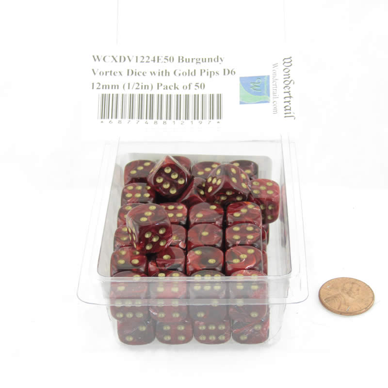 WCXDV1224E50 Burgundy Vortex Dice with Gold Pips D6 12mm (1/2in) Pack of 50 Main Image