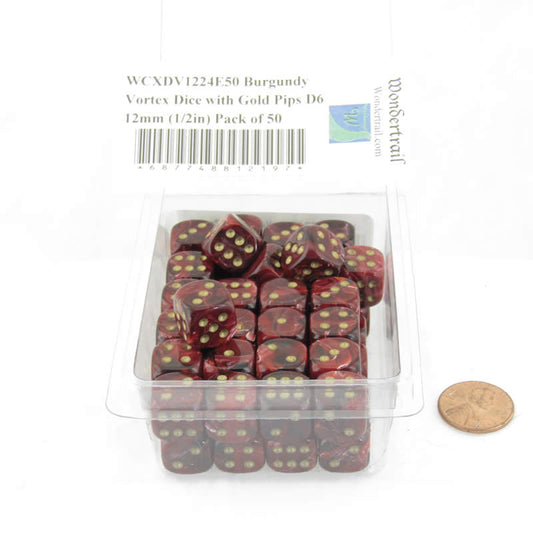 WCXDV1224E50 Burgundy Vortex Dice with Gold Pips D6 12mm (1/2in) Pack of 50 Main Image