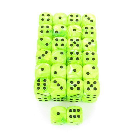 WCXDV1600E50 Bright Green Vortex Dice Black Pips D6 16mm Bulk Pack of 50 Main Image