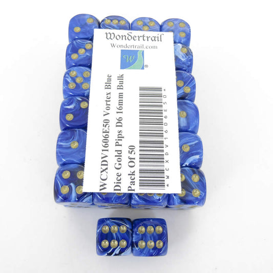 WCXDV1606E50 Blue Vortex Dice Gold Pips D6 16mm Bulk Pack Of 50 Main Image