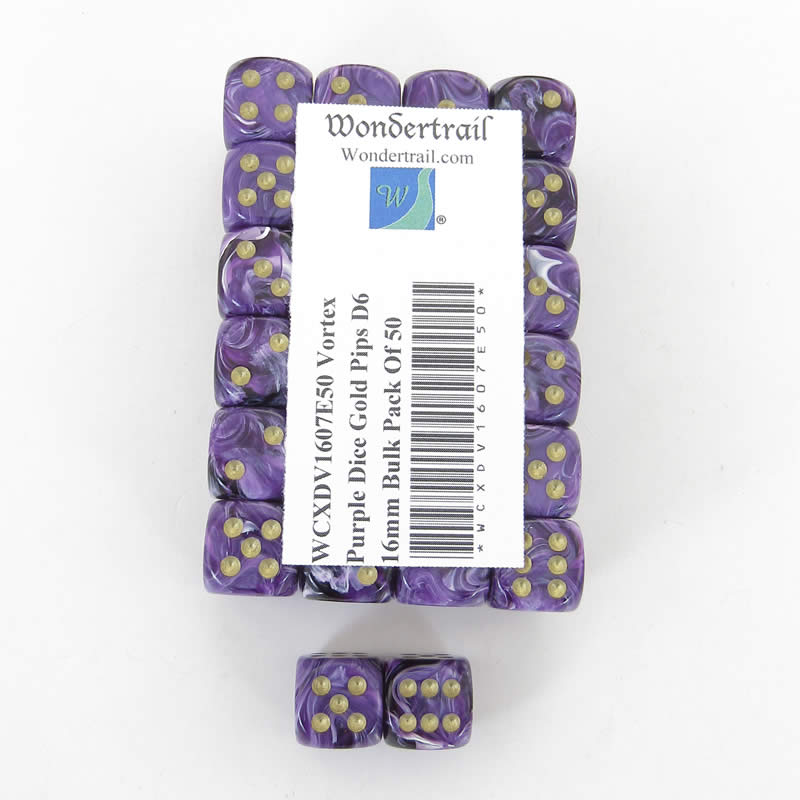 WCXDV1607E50 Purple Vortex Dice Gold Pips D6 16mm Bulk Pack Of 50 Main Image