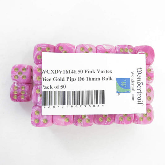 WCXDV1614E50 Pink Vortex Dice Gold Pips D6 16mm Bulk Pack of 50 Main Image