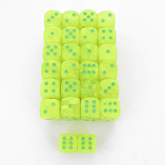 WCXDV1622E50 Yellow Vortex Dice Green Pips D6 16mm Bulk Pack Of 50 Main Image