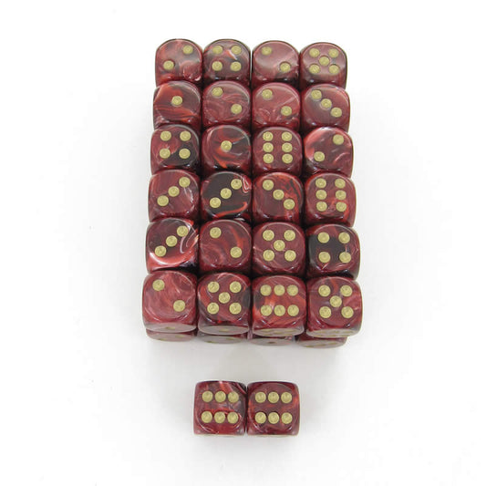 WCXDV1624E50 Burgundy Vortex Dice Gold Pips D6 16mm Bulk Pack Of 50 Main Image