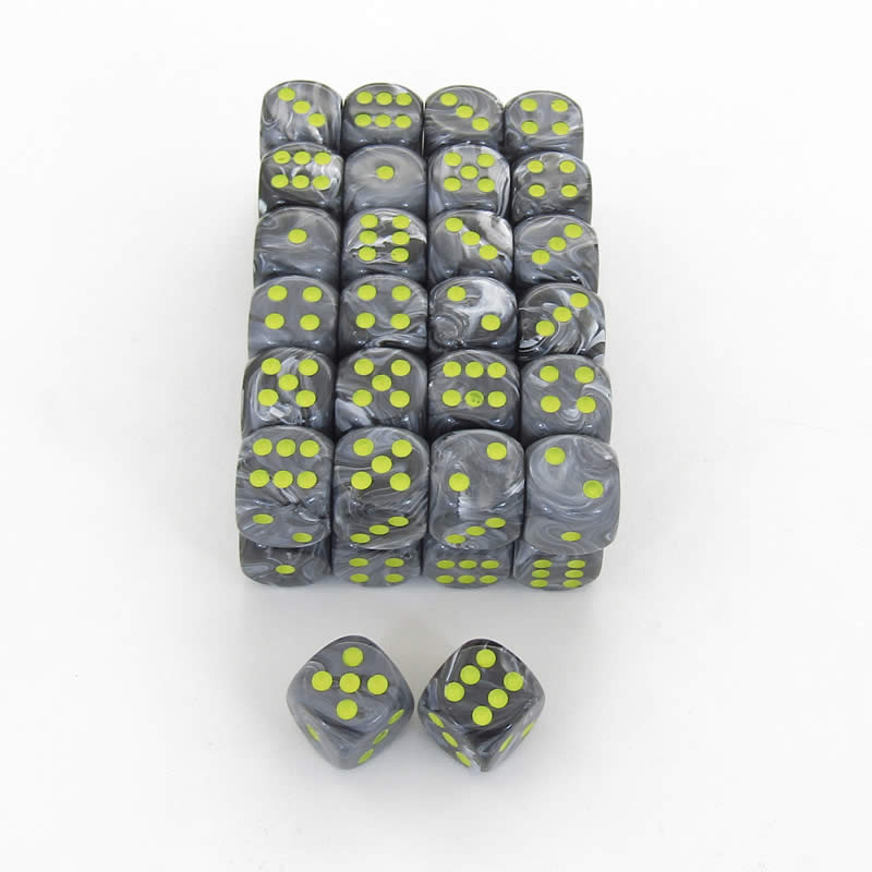 WCXDV1628E50 Black Vortex Dice Yellow Pips D6 16mm Bulk Pack Of 50 Main Image