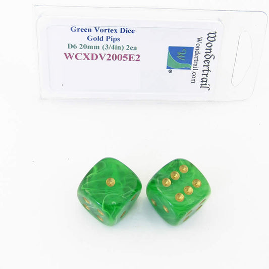 WCXDV2005E2 Green Vortex Dice with Gold Pips 20mm (3/4in) D6 Pack of 2 Main Image