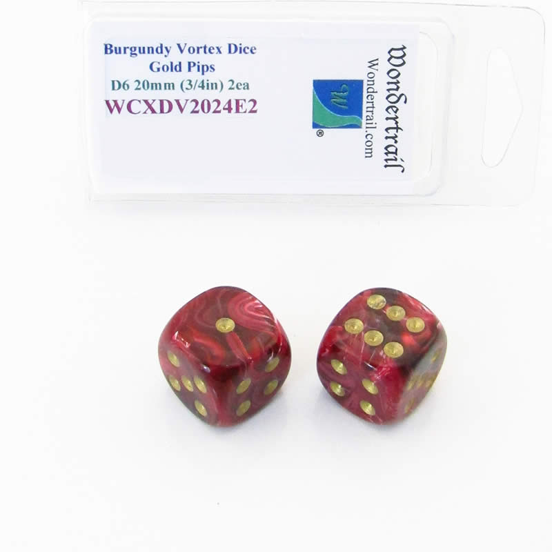 WCXDV2024E2 Burgundy Vortex Dice Gold Pips 20mm (3/4in) D6 Pack of 2 Main Image