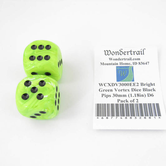 WCXDV3000EE2 Bright Green Vortex Dice Black Pips 30mm (1.18in) D6 Pack of 2 Main Image