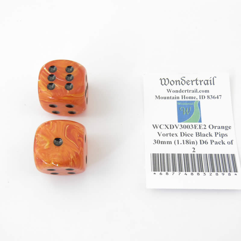 WCXDV3003EE2 Orange Vortex Dice Black Pips 30mm (1.18in) D6 Pack of 2 Main Image