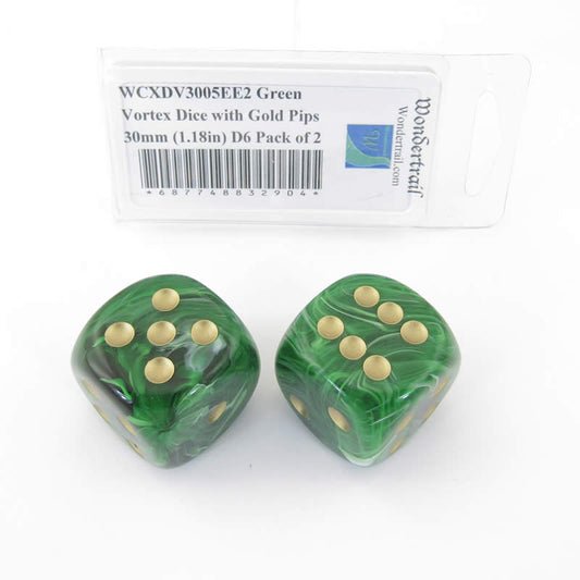 WCXDV3005EE2 Green Vortex Dice with Gold Pips 30mm (1.18in) D6 Pack of 2 Main Image