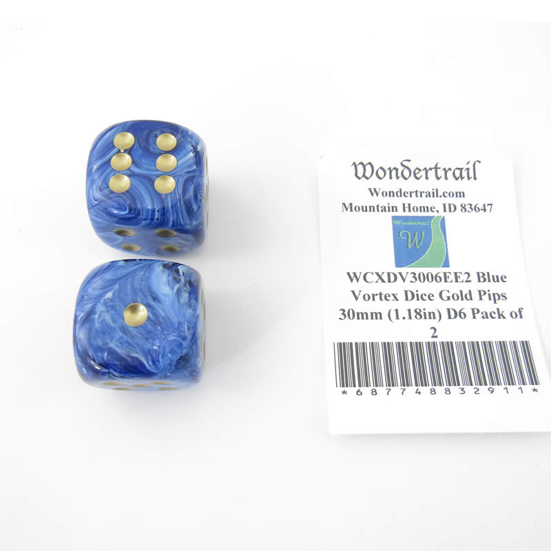 WCXDV3006EE2 Blue Vortex Dice Gold Pips 30mm (1.18in) D6 Pack of 2 Main Image