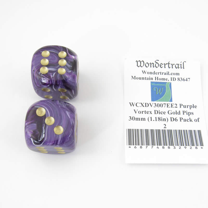 WCXDV3007EE2 Purple Vortex Dice Gold Pips 30mm (1.18in) D6 Pack of 2 Main Image