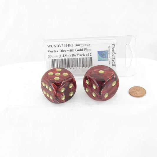 WCXDV3024E2 Burgundy Vortex Dice with Gold Pips 30mm (1.18in) D6 Pack of 2 Main Image