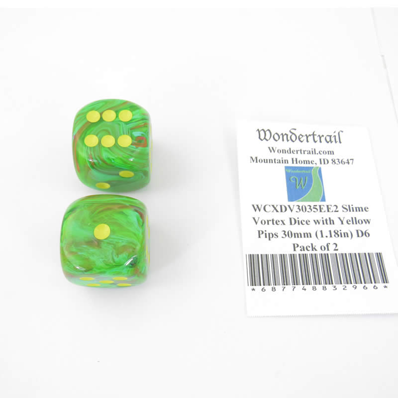 WCXDV3035EE2 Slime Vortex Dice with Yellow Pips 30mm (1.18in) D6 Pack of 2 Main Image