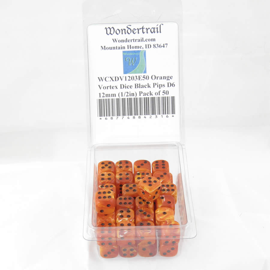 WCXDV1203E50 Orange Vortex Dice Black Pips D6 12mm (1/2in) Pack of 50 Main Image