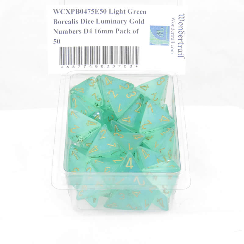 WCXPB0475E50 Light Green Borealis Dice Luminary Gold Numbers D4 16mm Pack of 50 2nd Image