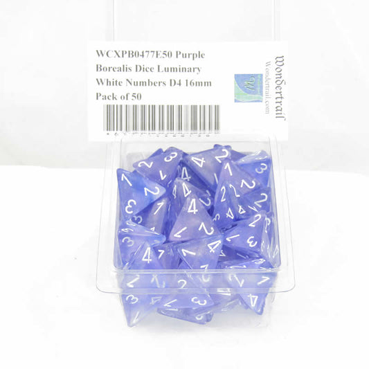 WCXPB0477E50 Purple Borealis Dice Luminary White Numbers D4 16mm Pack of 50 Main Image